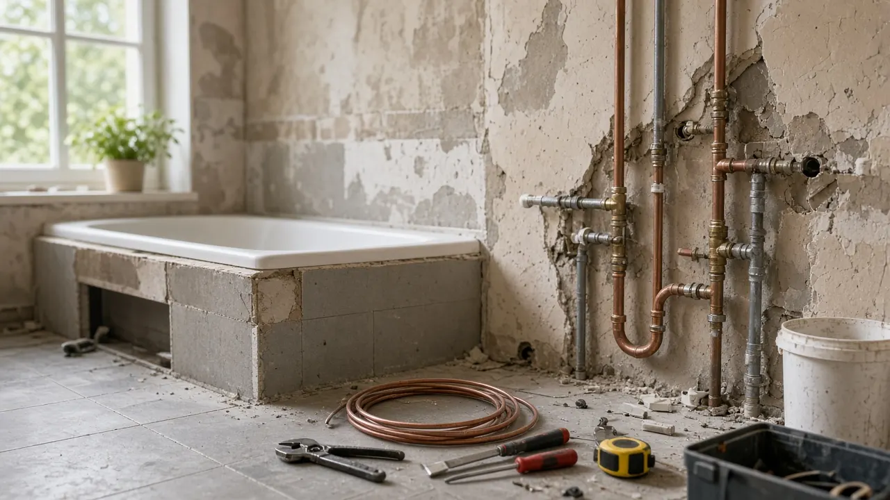 Chantier de rénovation de plomberie avec devis et tuyauterie
