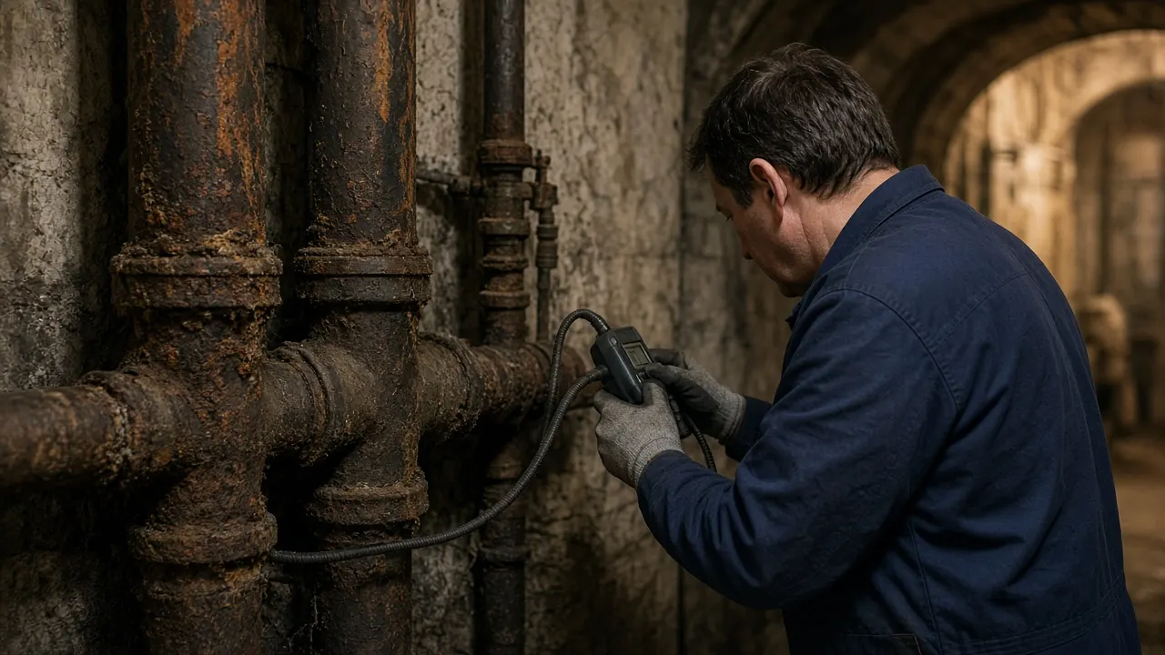 Canalisations anciennes d’immeuble parisien en cours de diagnostic