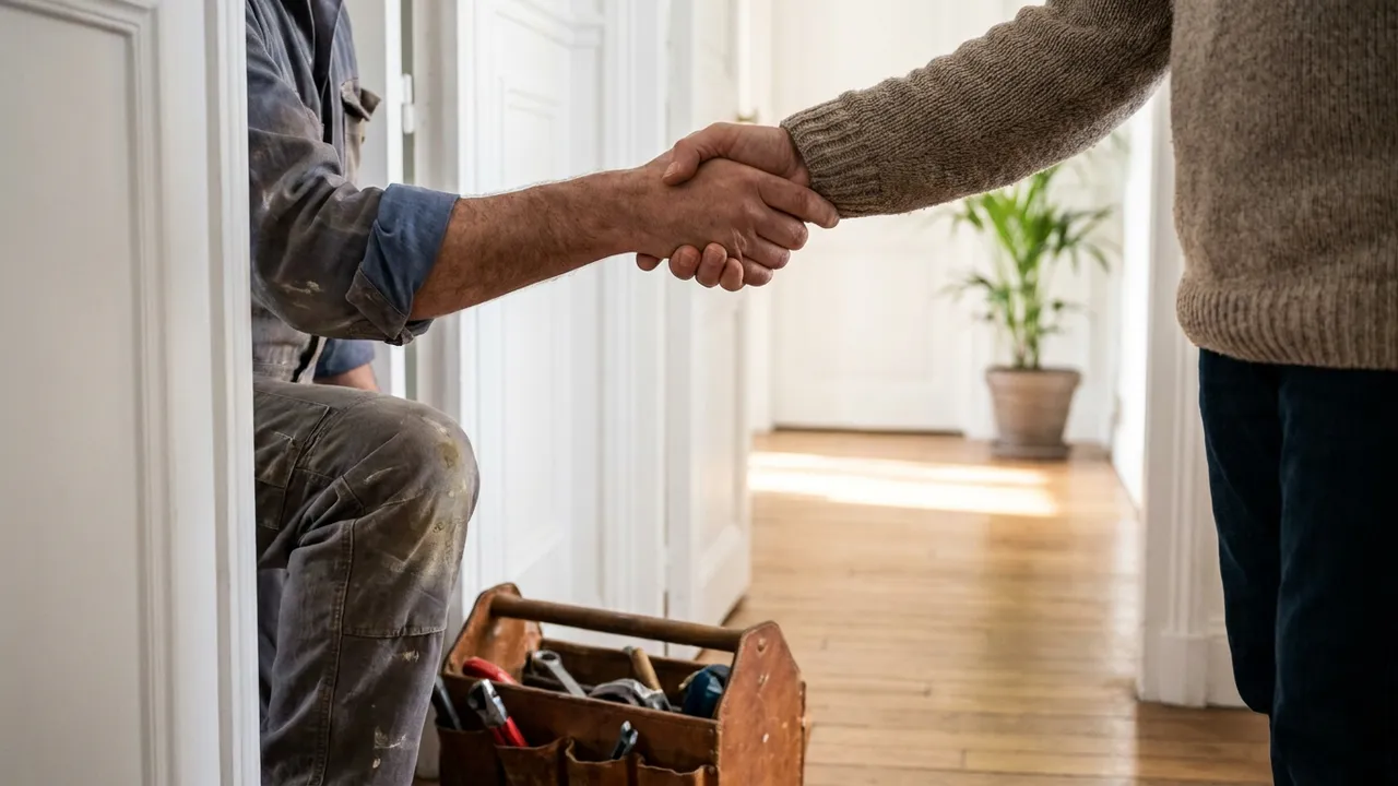 Client serrant la main d'un plombier sur le seuil d'un appartement de Paris 10, caisse à outils posée au sol