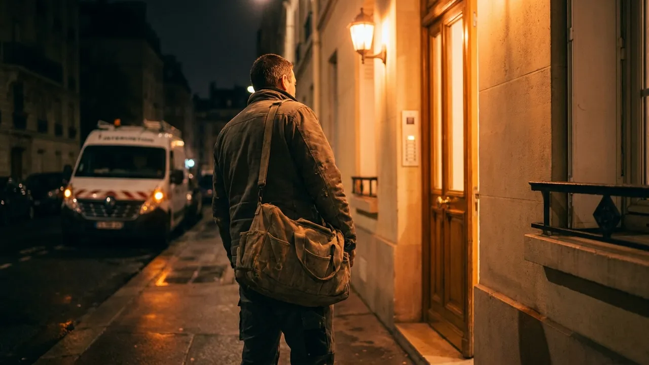 Plombier de garde arrivant de nuit avec sa caisse à outils devant un immeuble du 10e arrondissement de Paris